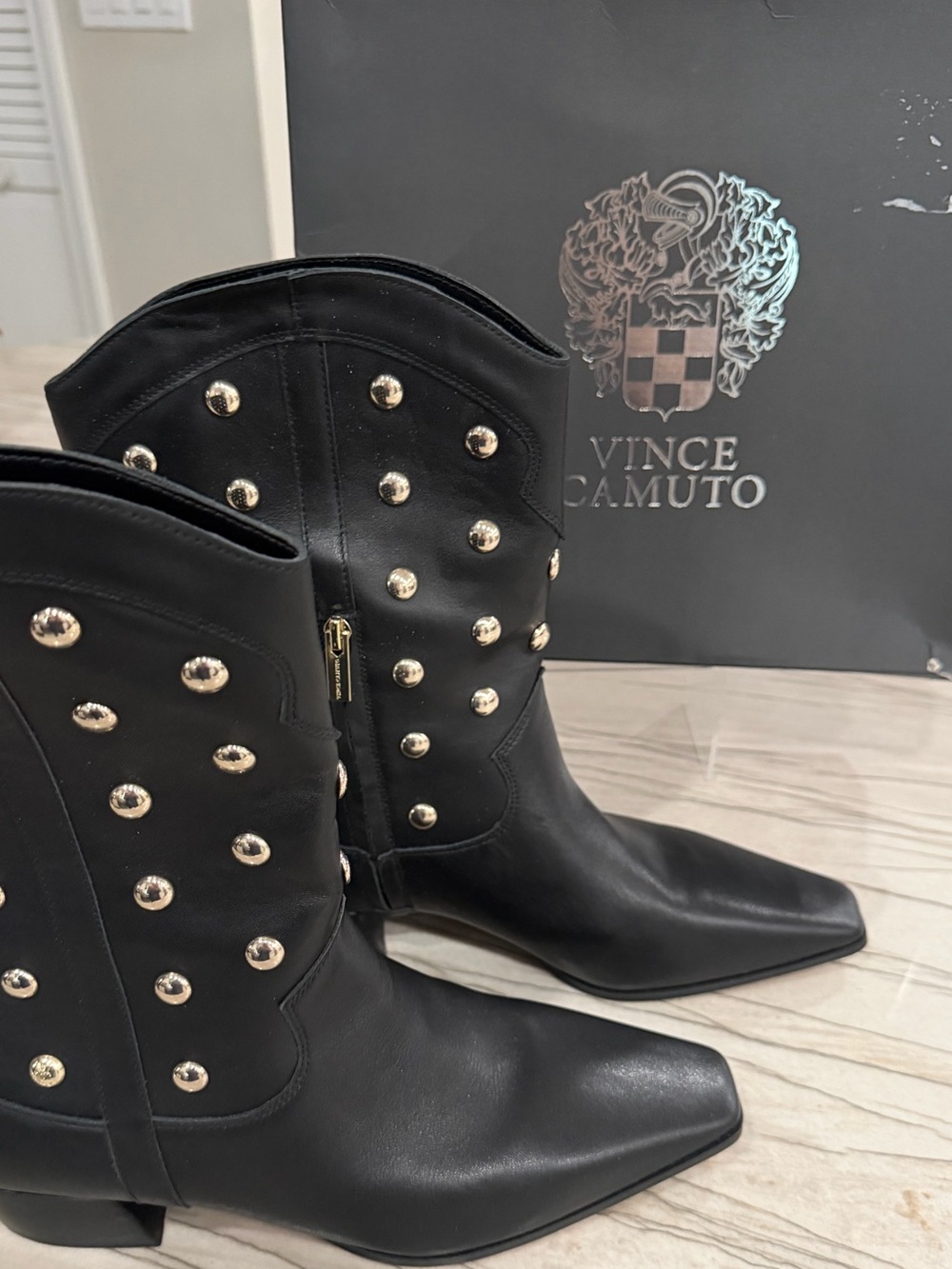 Vince Camuto Black Leather Studded Western Ankle Boots